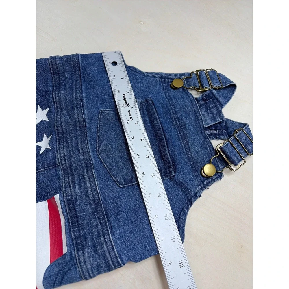 Patriotic Denim Dog Overall Dress American Flag Stars Stripes Blue S/M